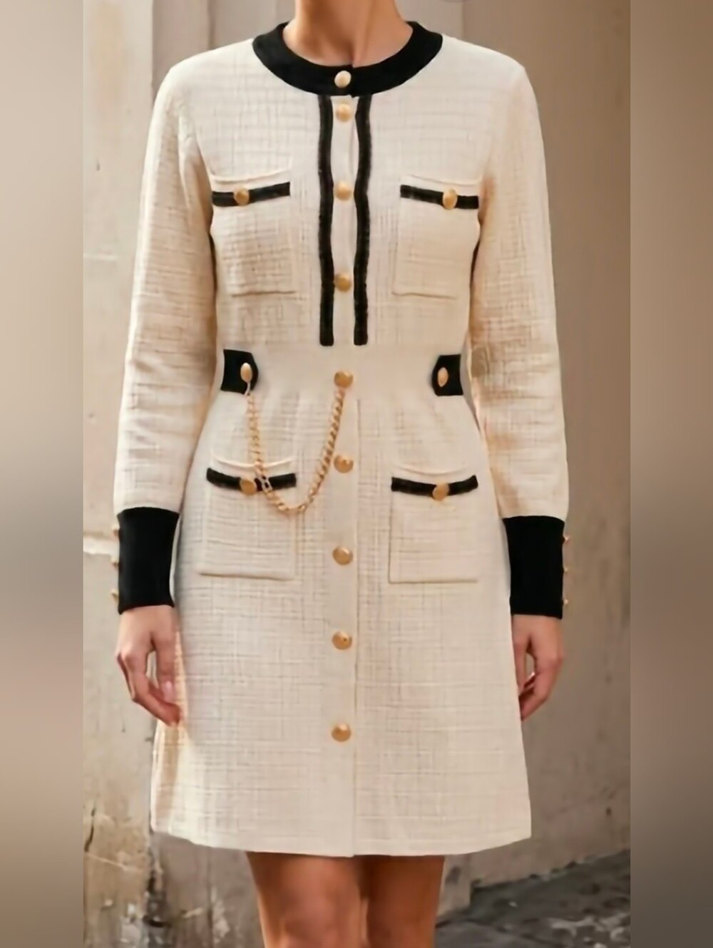 Ivory Tweed Button-Front Coat with Black Trim